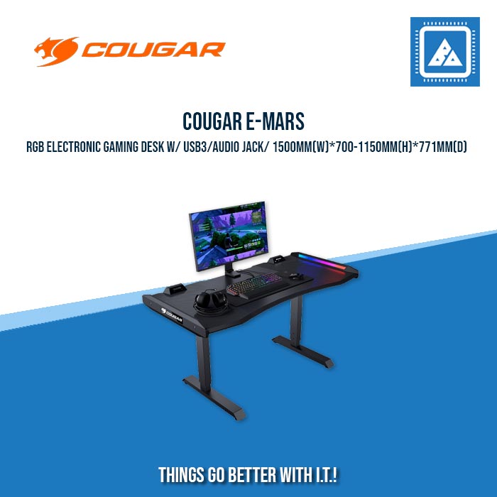 COUGAR E-MARS RGB ELECTRONIC GAMING DESK W/ USB3/AUDIO JACK/ 1500MM(W)*700-1150MM(H)*771MM(D) COUGAR E-MARS RGB ELECTRONIC GAMING DESK W/ USB3/AUDIO JACK/ 1500MM(W)*700-1150MM(H)*771MM(D)